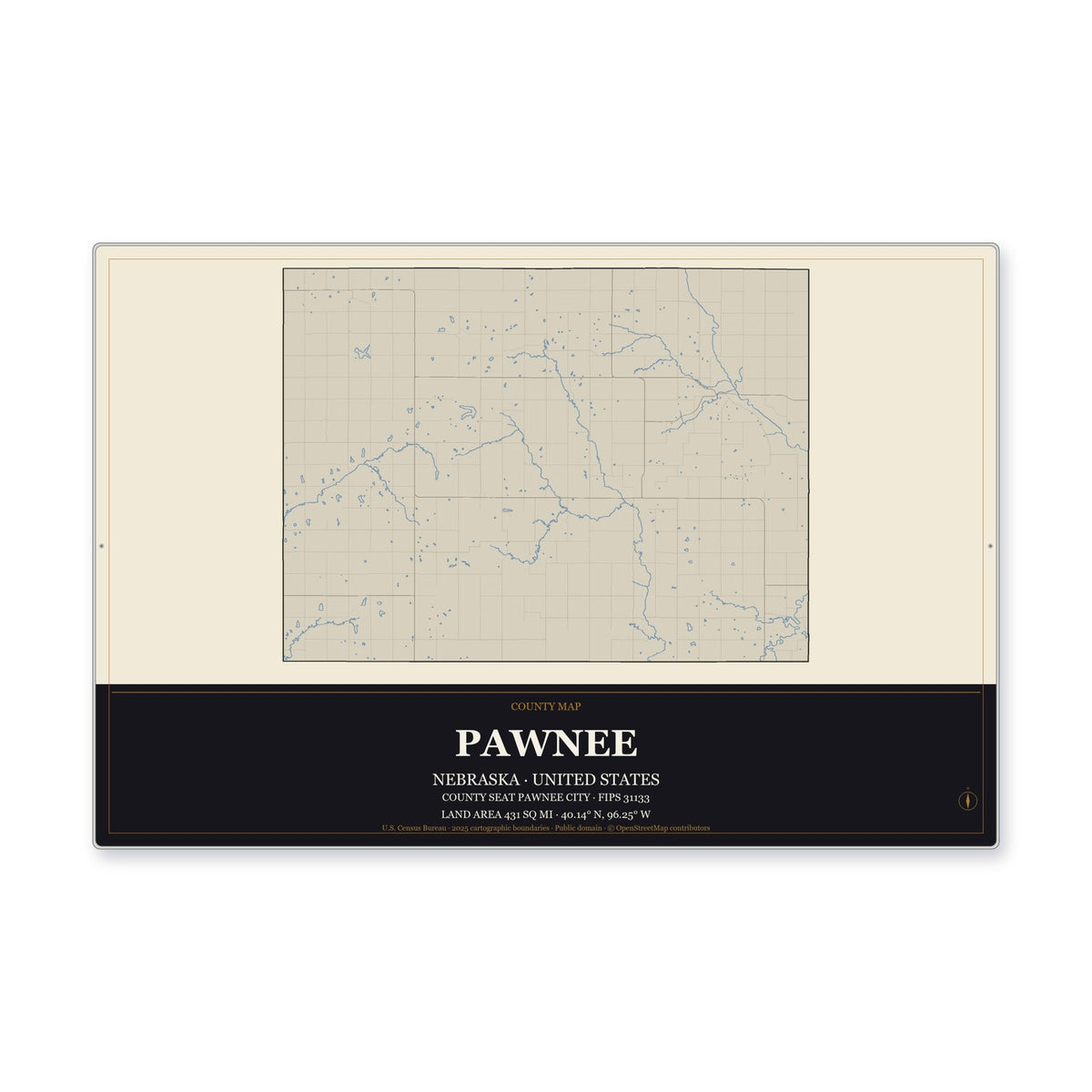 Pawnee County, Nebraska Map Aluminum Sign in Museum Plaque style