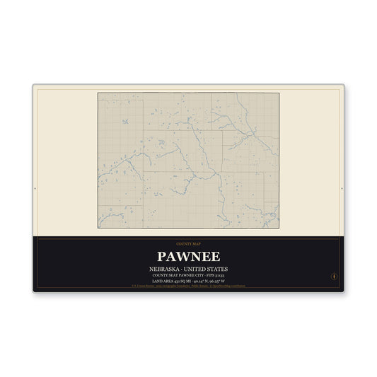 Pawnee County, Nebraska Map Aluminum Sign in Museum Plaque style