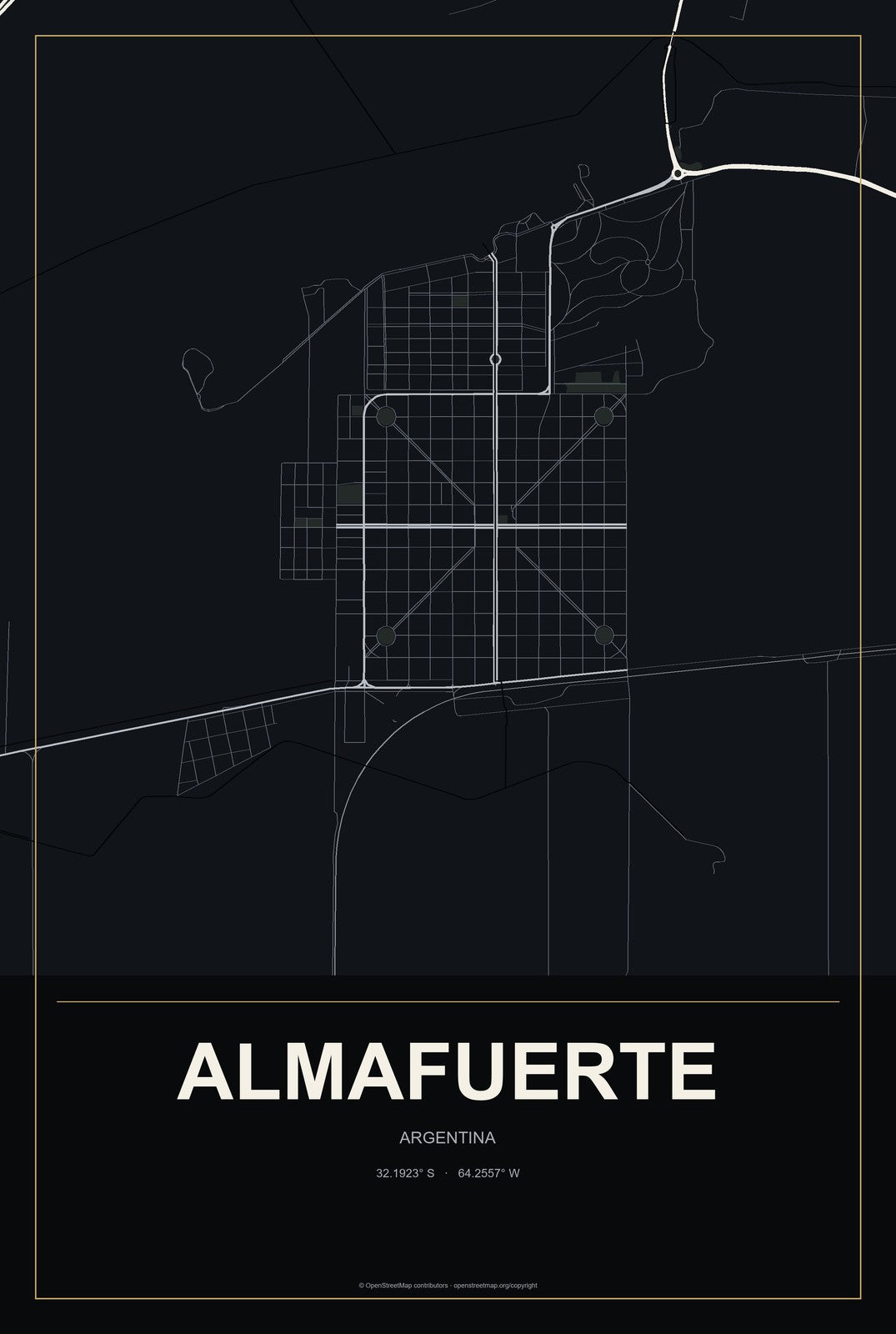 Almafuerte, Argentina City Map Aluminum Sign in Metropolitan Noir style
