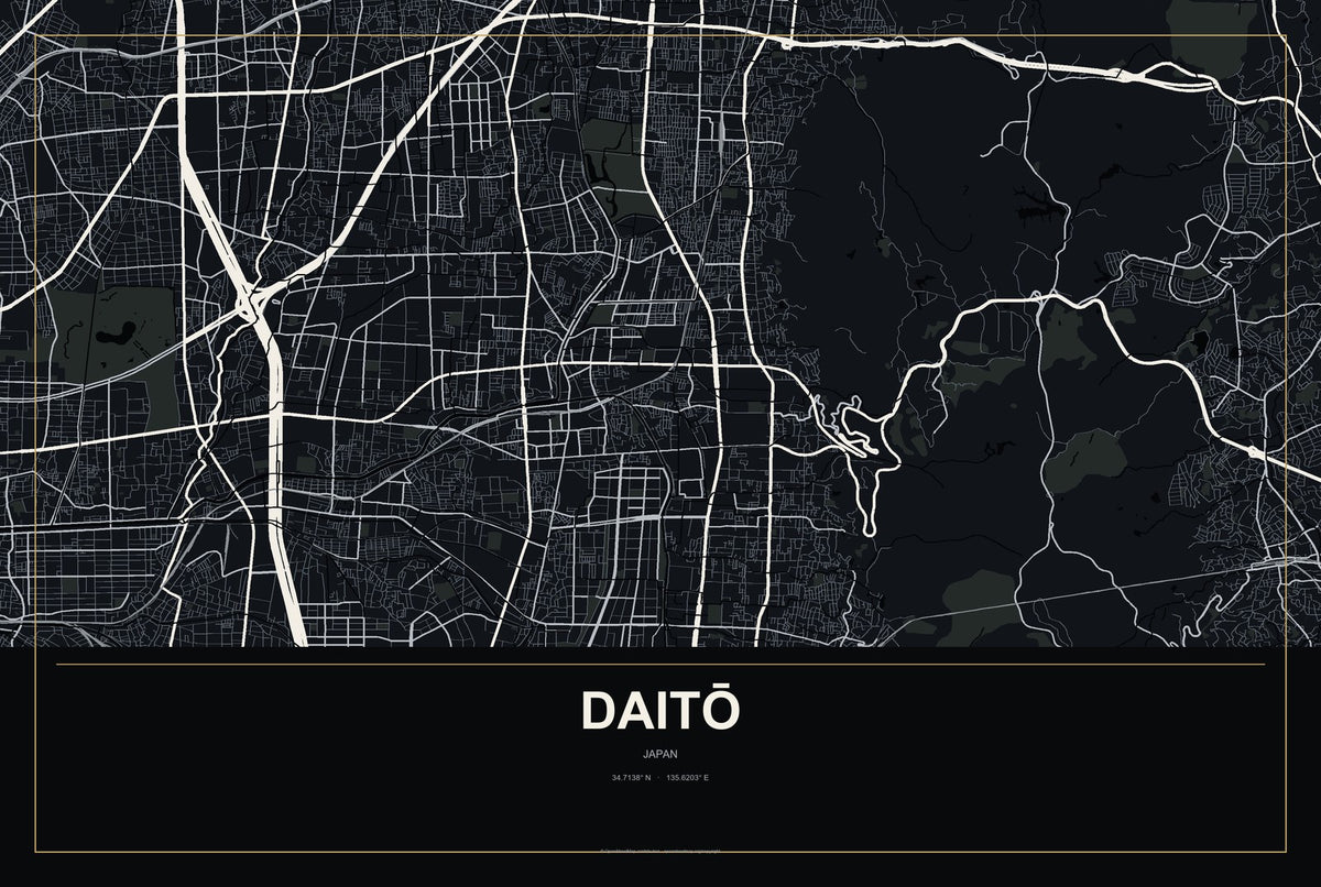Daitō, Japan City Map Aluminum Sign in Metropolitan Noir style