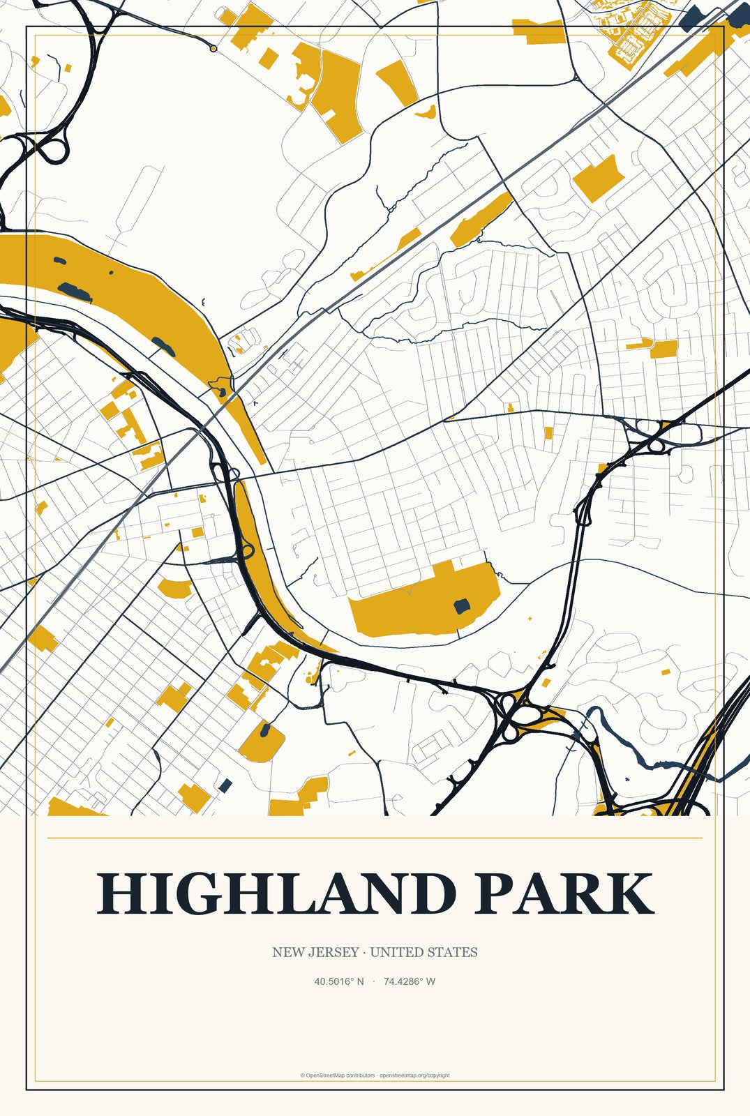 Highland Park, New Jersey City Map Aluminum Sign in Citrine Modern style