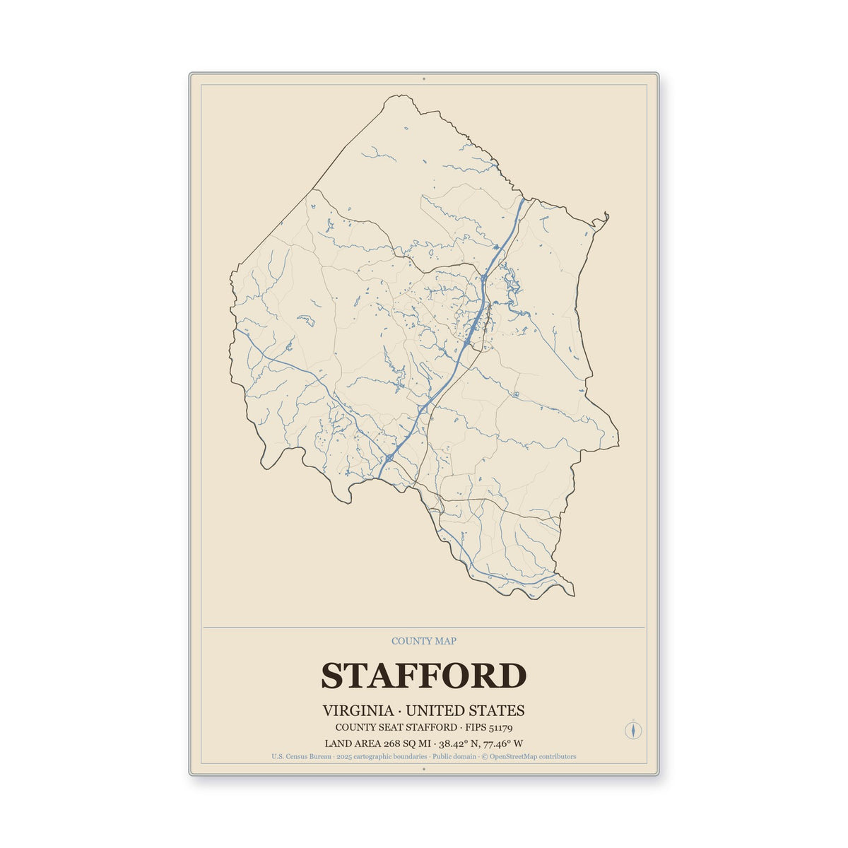 Stafford County, Virginia Map Aluminum Sign in Heritage Nautical style