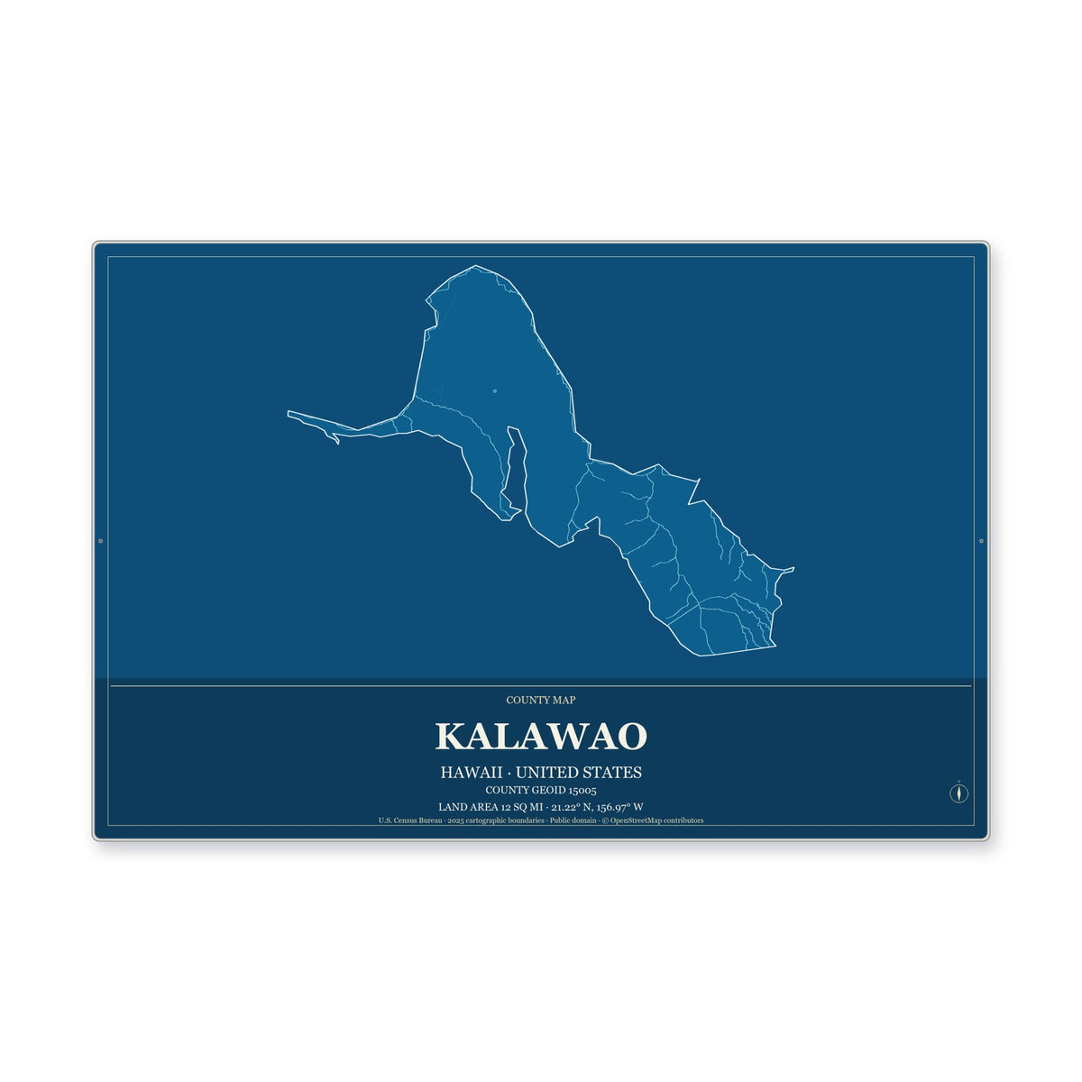 Kalawao County, Hawaii Map Aluminum Sign in Harbor Cobalt style
