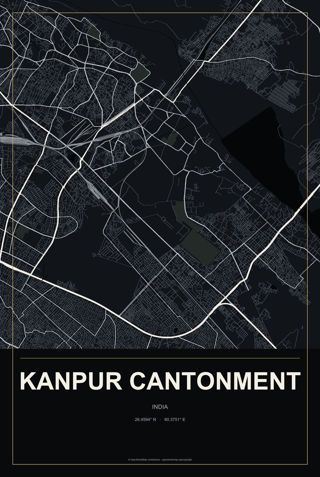 Kanpur Cantonment, India City Map Aluminum Sign in Metropolitan Noir style