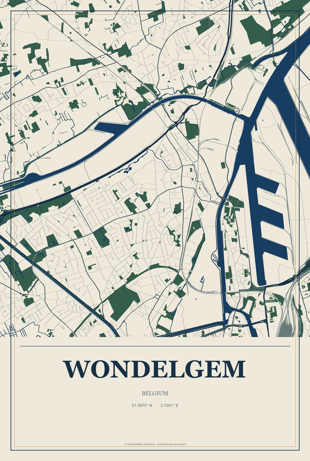 Wondelgem, Belgium City Map Aluminum Sign in Coastal Cutout style