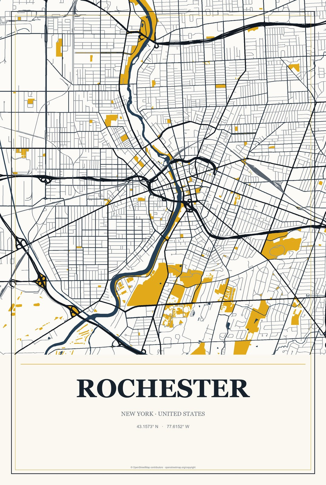 Rochester, New York City Map Aluminum Sign in Citrine Modern style