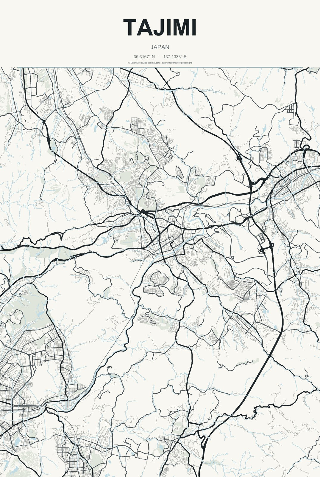 Tajimi, Japan City Map Aluminum Sign in Headline Atlas style
