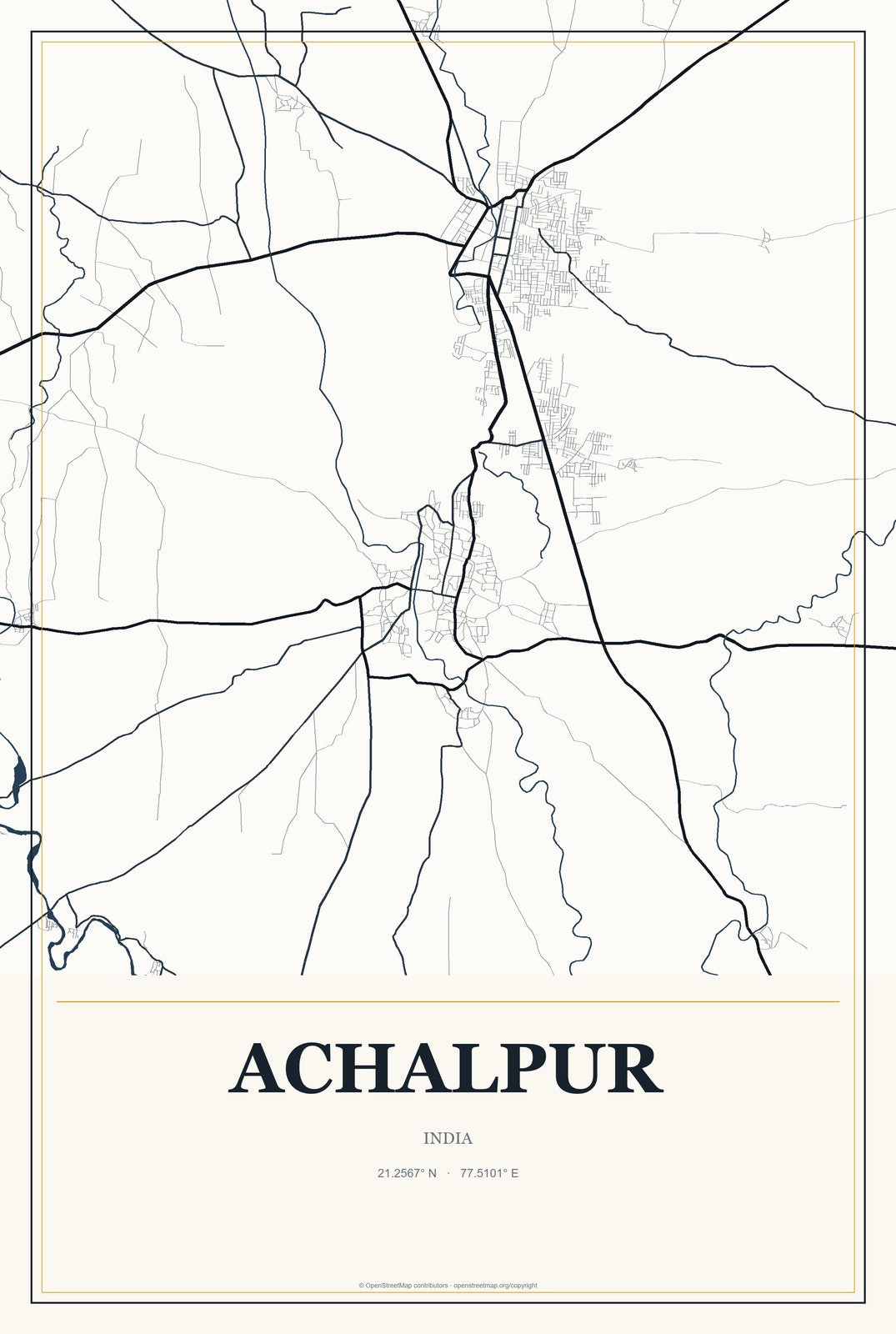Achalpur, India City Map Aluminum Sign in Citrine Modern style