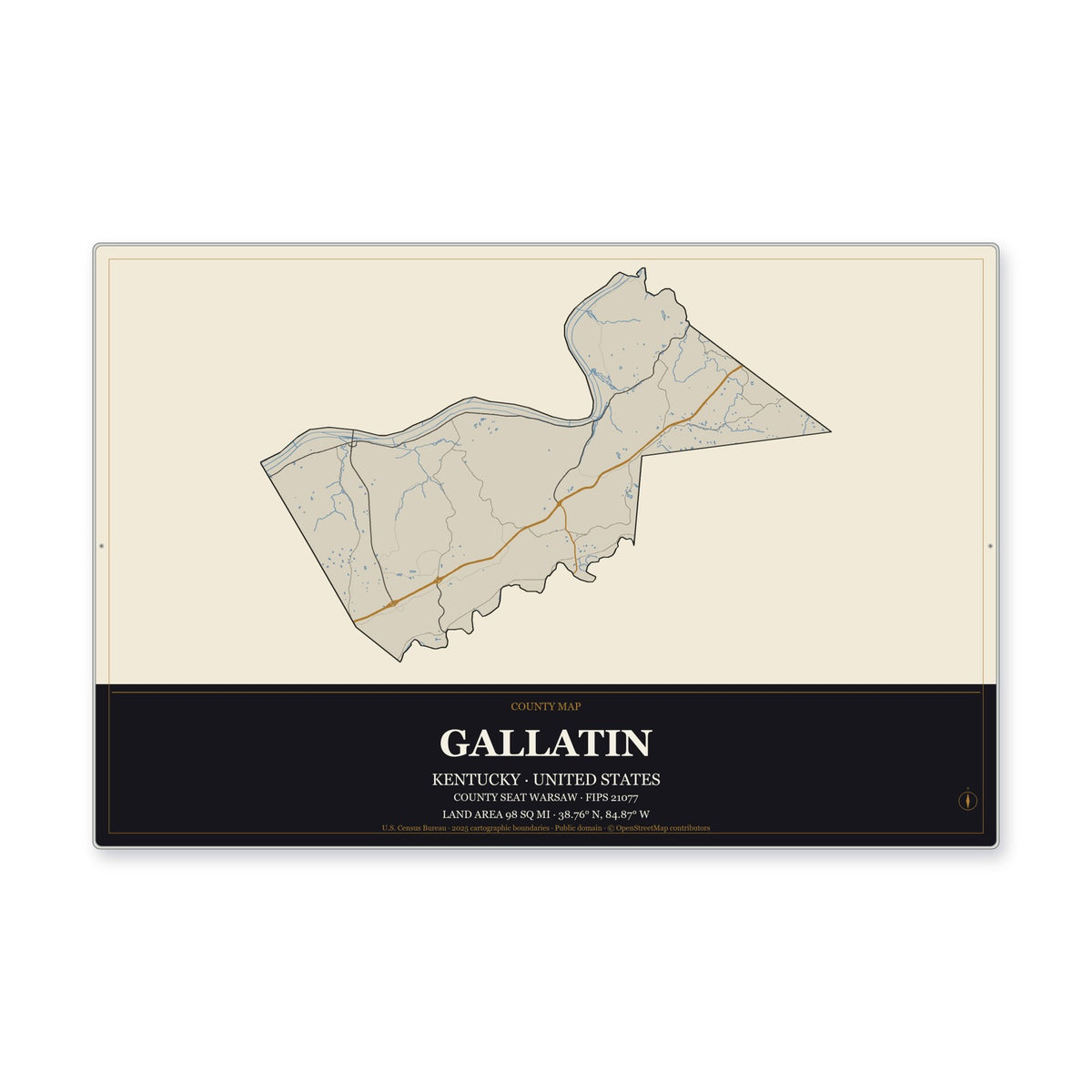 Gallatin County, Kentucky Map Aluminum Sign in Museum Plaque style