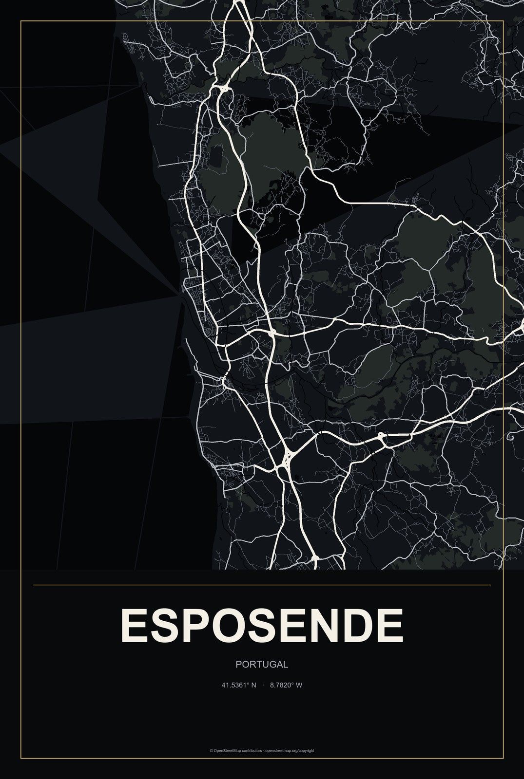 Esposende, Portugal City Map Aluminum Sign in Metropolitan Noir style