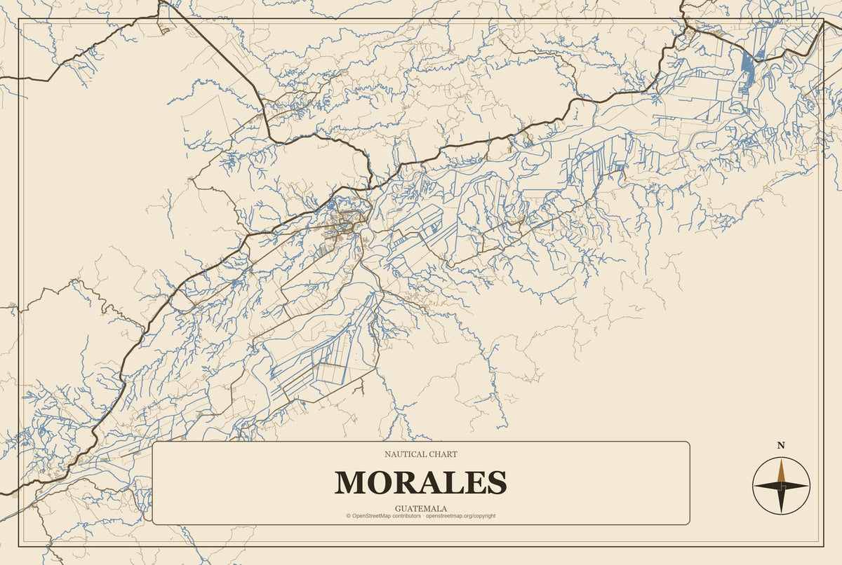 Morales, Guatemala City Map Aluminum Sign in Heritage Nautical style