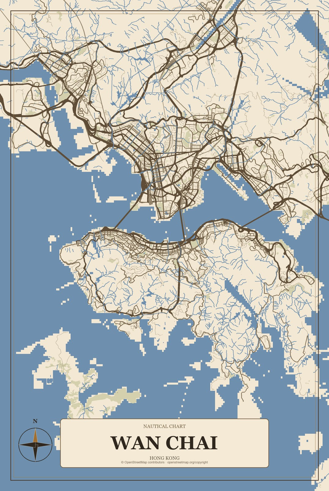 Wan Chai, Hong Kong City Map Aluminum Sign in Heritage Nautical style