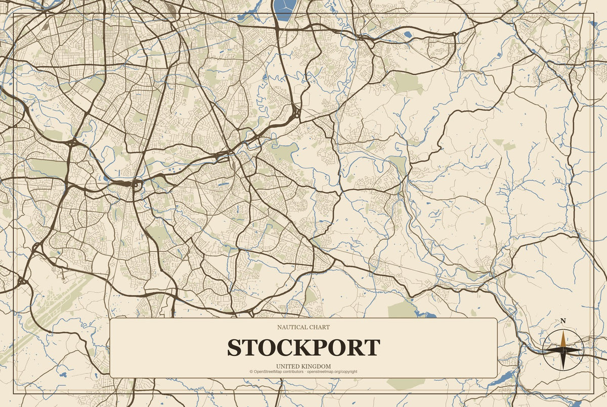 Stockport, United Kingdom City Map Aluminum Sign in Heritage Nautical style