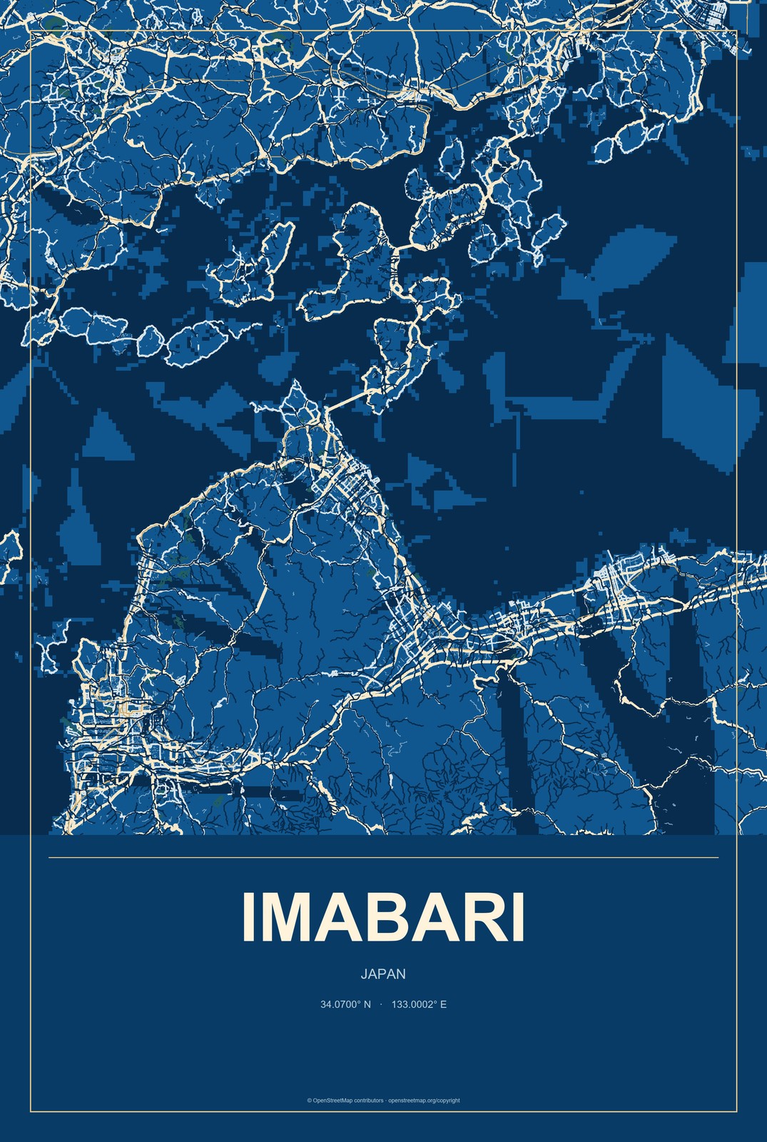 Imabari, Japan City Map Aluminum Sign in Harbor Cobalt style