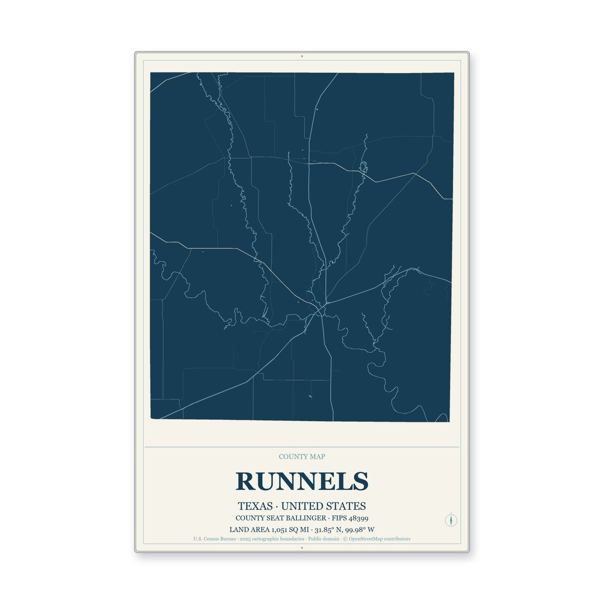 Runnels County, Texas Map Aluminum Sign in Coastal Cutout style
