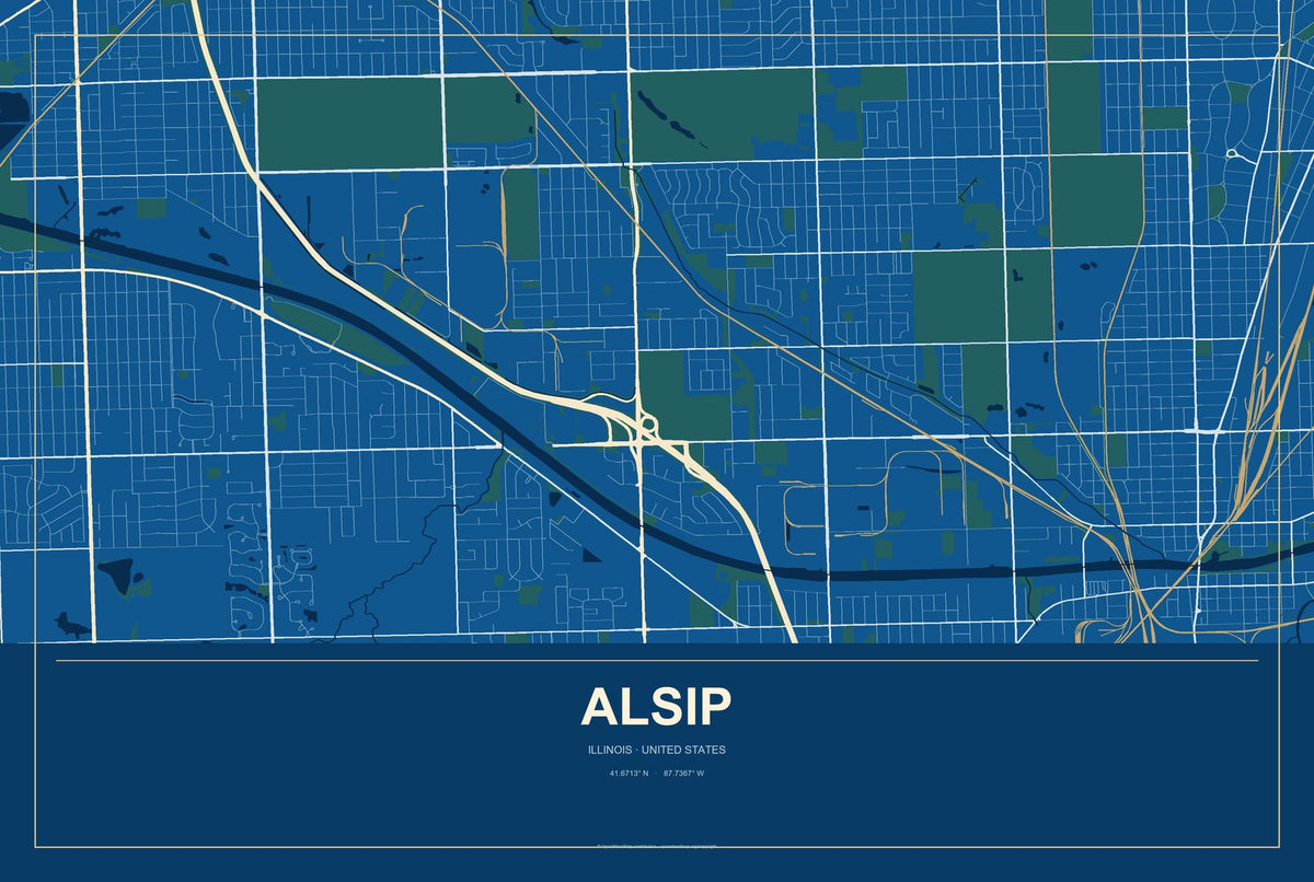 Alsip, Illinois City Map Aluminum Sign in Harbor Cobalt style
