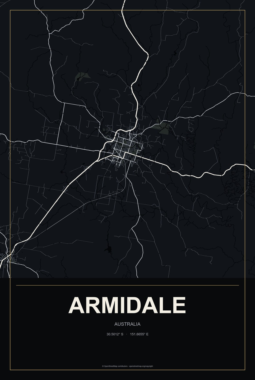 Armidale, Australia City Map Aluminum Sign in Metropolitan Noir style