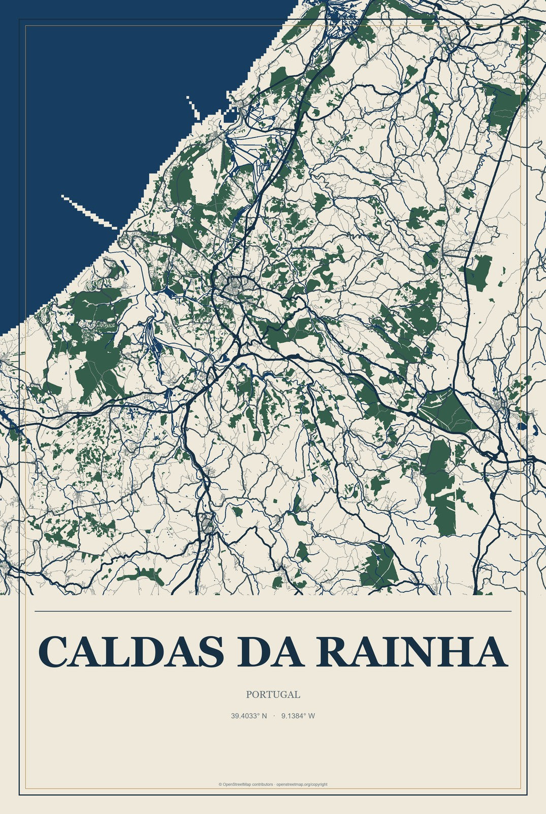 Caldas da Rainha, Portugal City Map Aluminum Sign in Coastal Cutout style