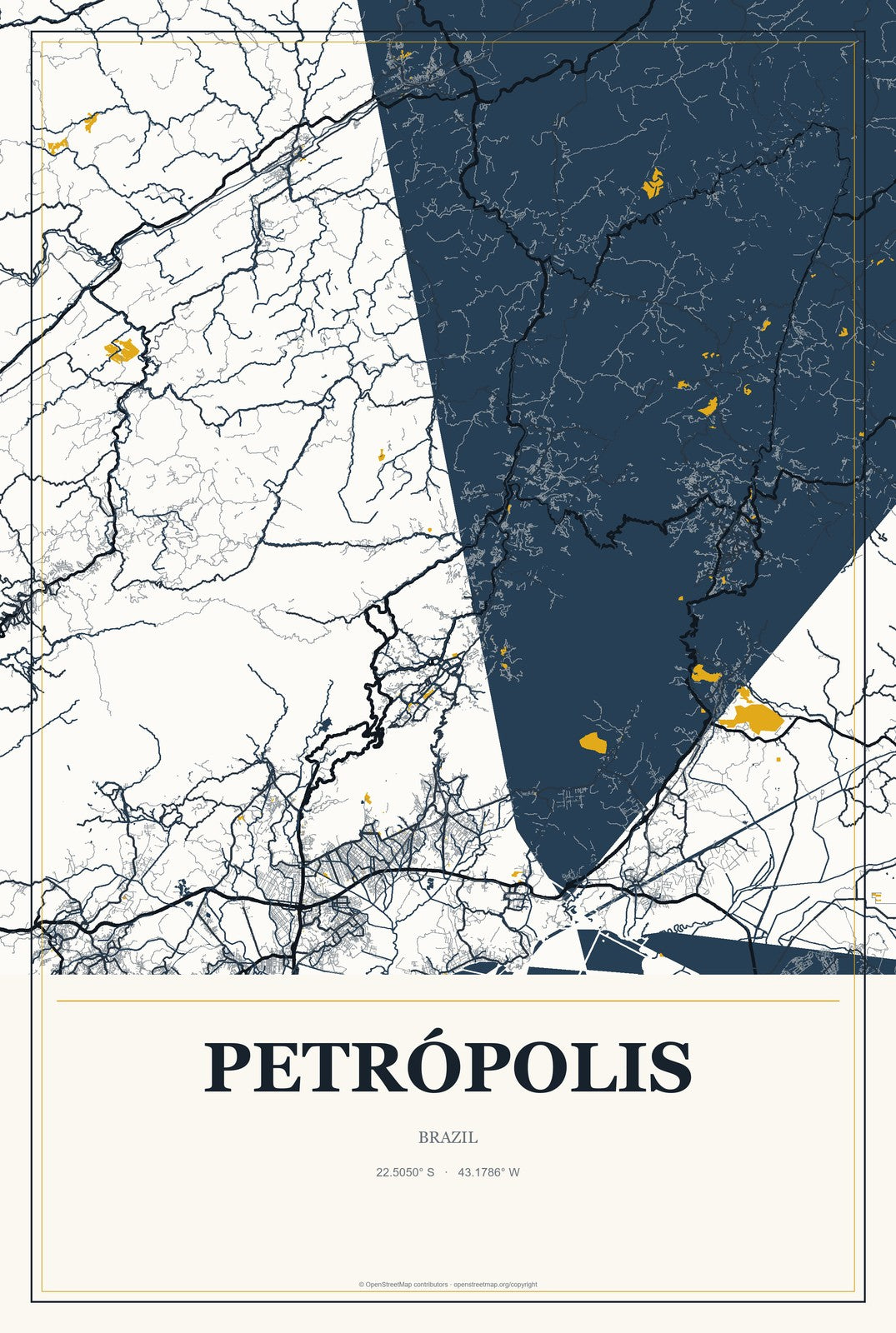 Petrópolis, Brazil City Map Aluminum Sign in Citrine Modern style