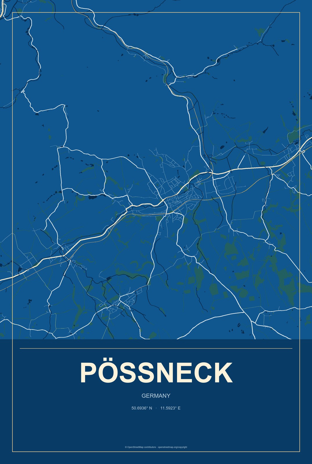 Pößneck, Germany City Map Aluminum Sign in Harbor Cobalt style