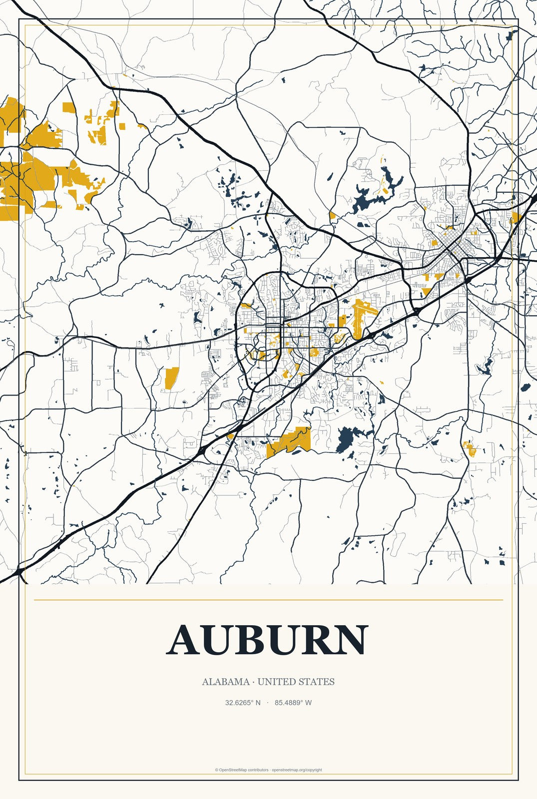 Auburn, Alabama City Map Aluminum Sign in Citrine Modern style