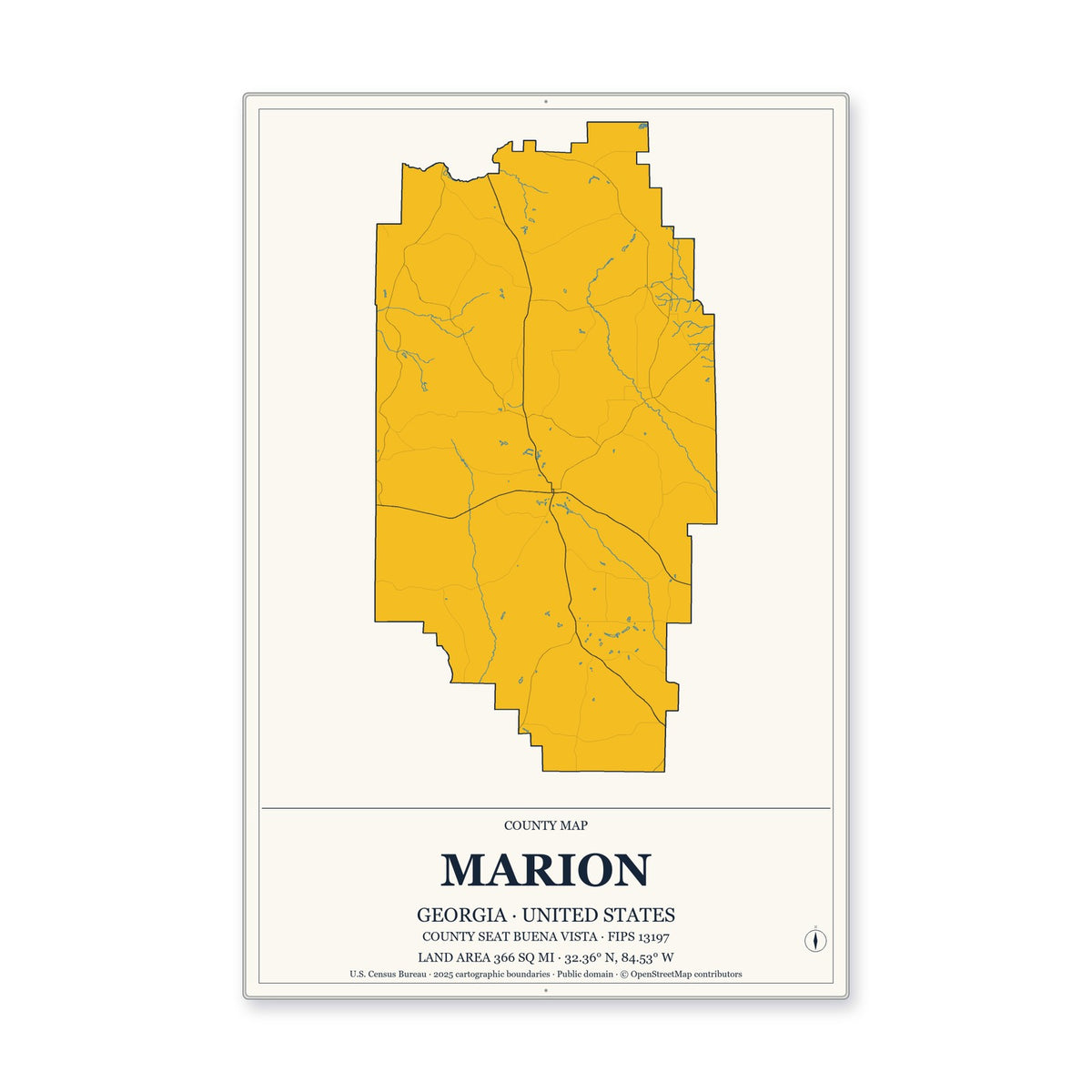 Marion County, Georgia Map Aluminum Sign in Citrine Modern style