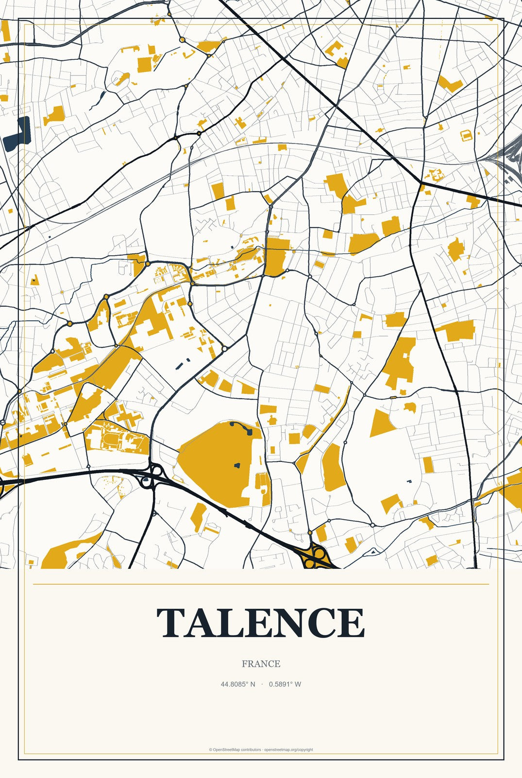 Talence, France City Map Aluminum Sign in Citrine Modern style
