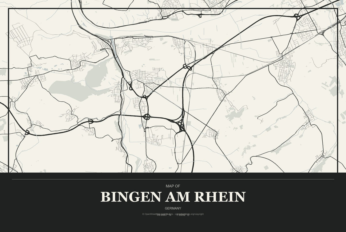 Bingen am Rhein, Germany City Map Aluminum Sign in Museum Plaque style