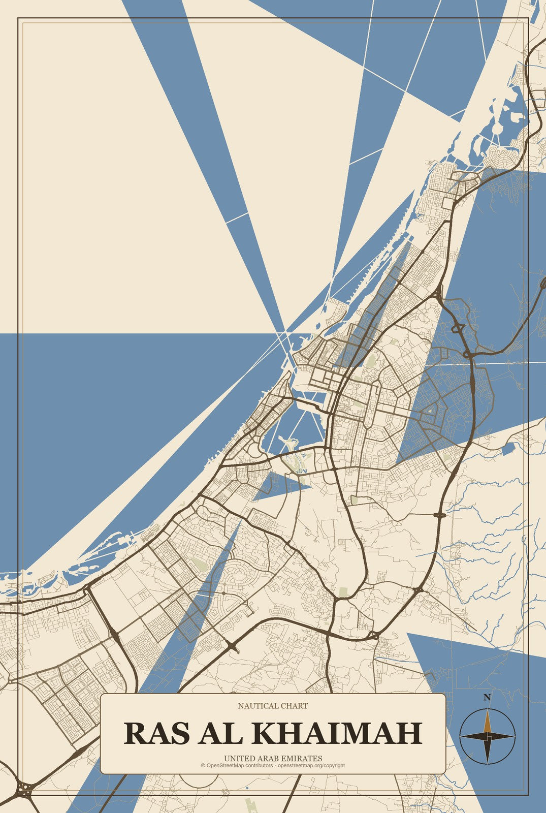 Ras Al Khaimah, United Arab Emirates City Map Aluminum Sign in Heritage Nautical style