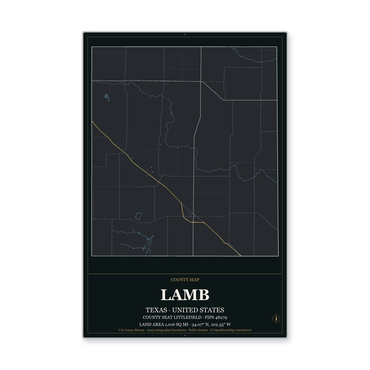 Lamb County, Texas Map Aluminum Sign in Metropolitan Noir style