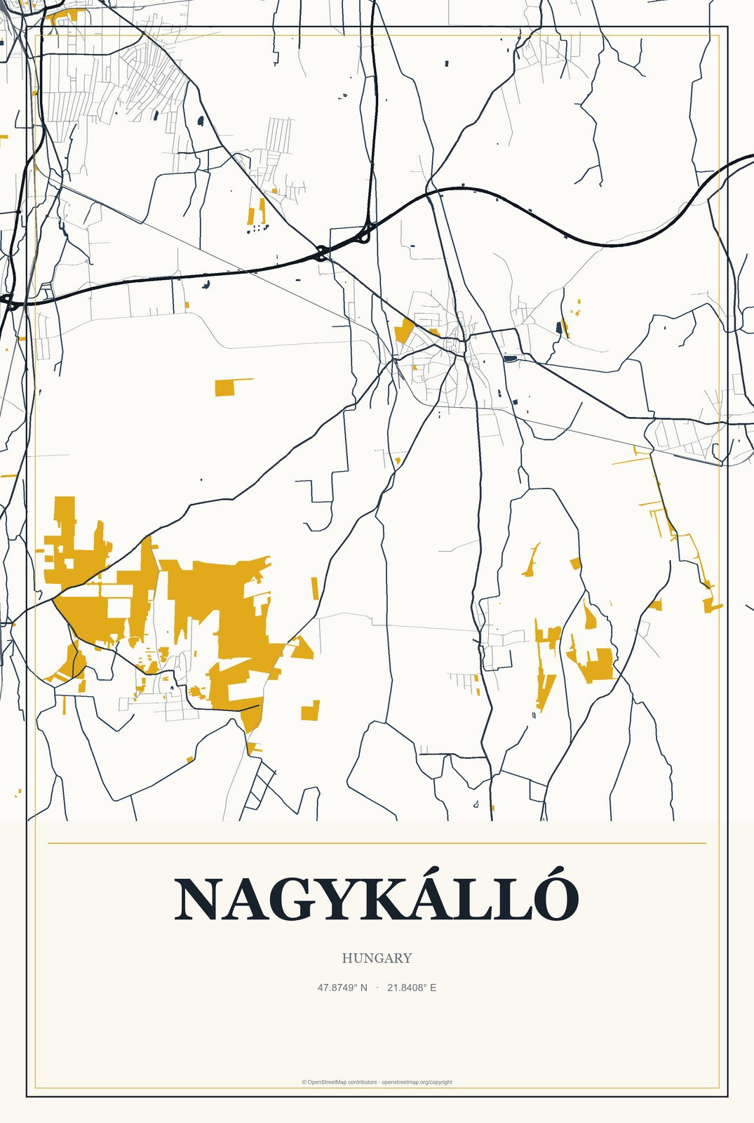 Nagykálló, Hungary City Map Aluminum Sign in Citrine Modern style
