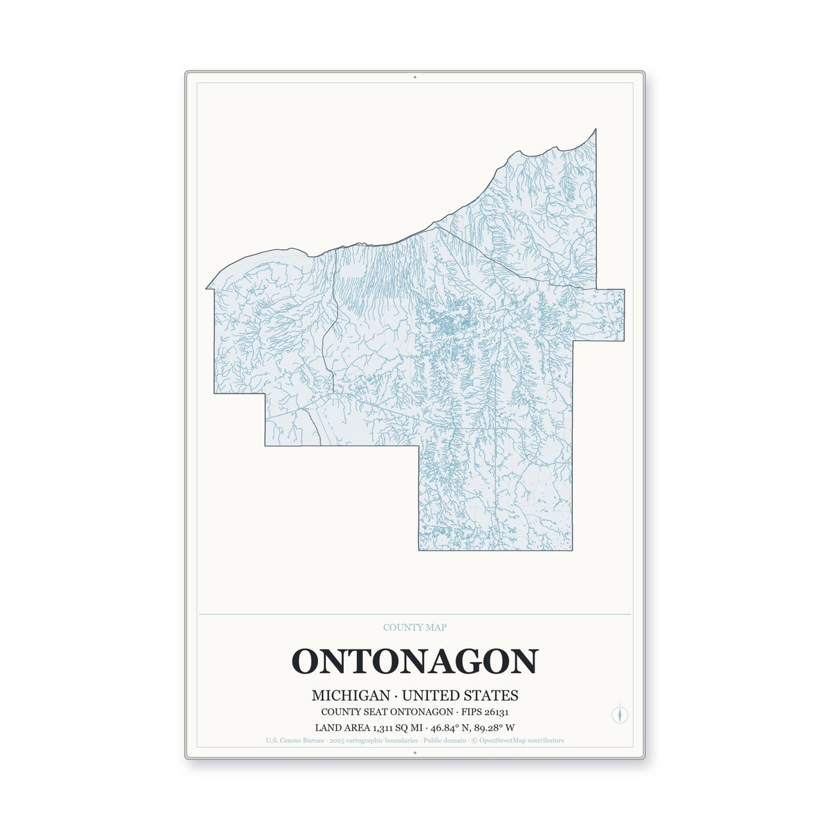 Ontonagon County, Michigan Map Aluminum Sign in Gallery Air style
