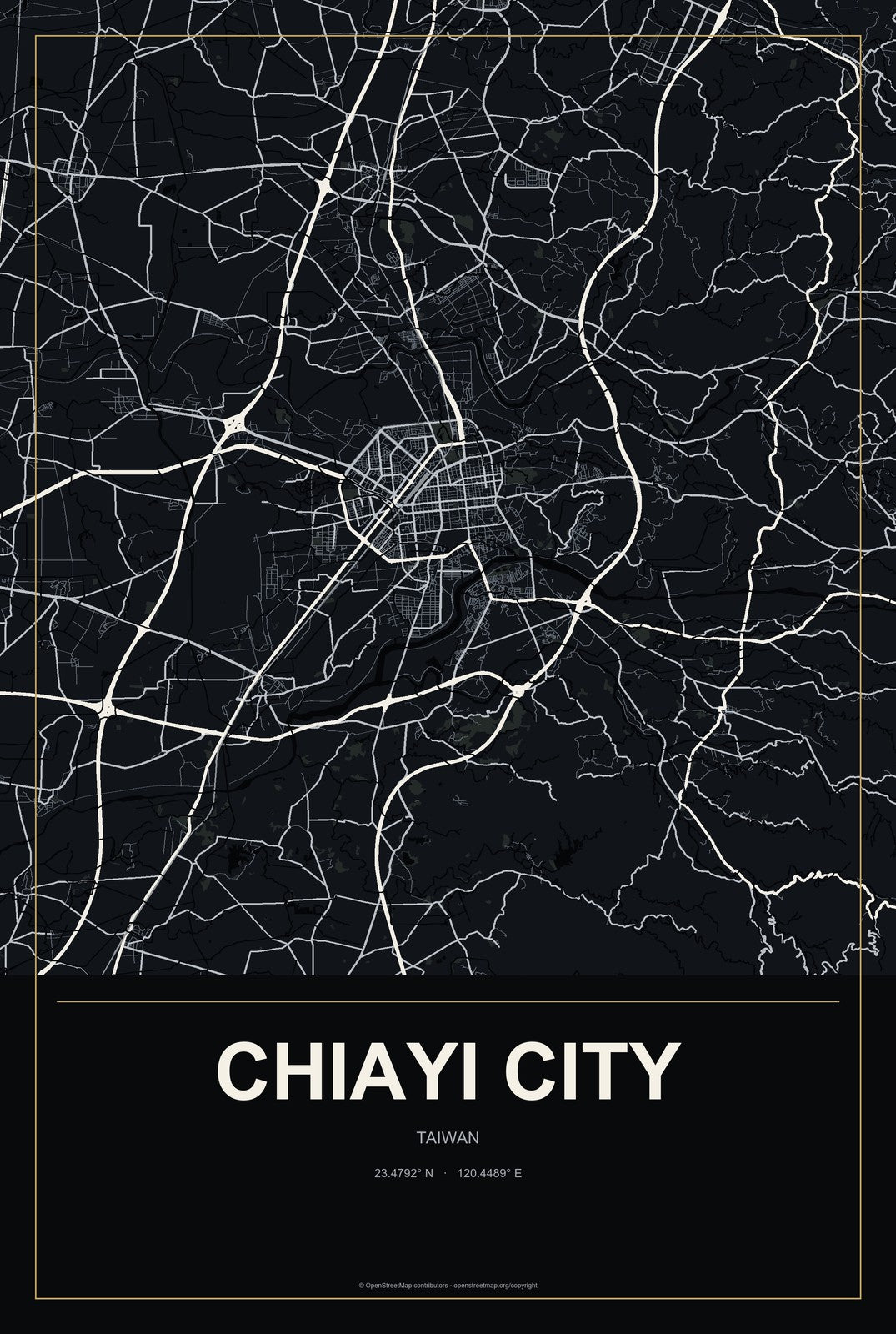 Chiayi City, Taiwan City Map Aluminum Sign in Metropolitan Noir style