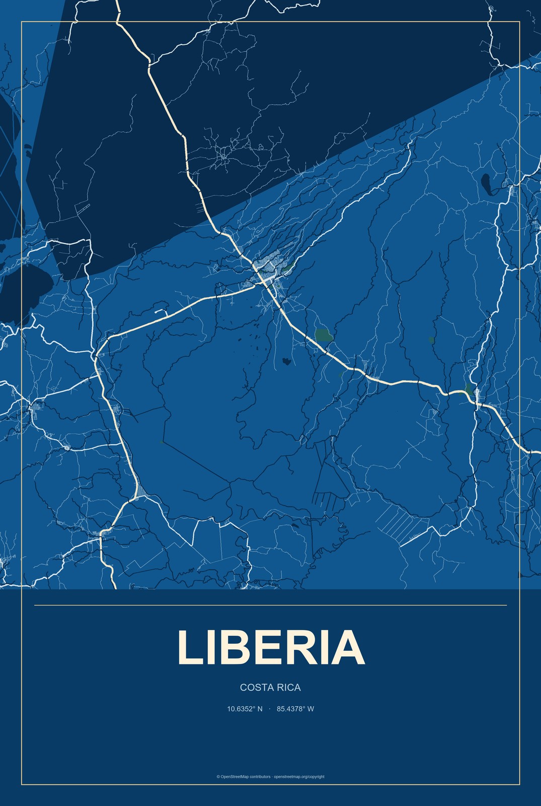 Liberia, Costa Rica City Map Aluminum Sign in Harbor Cobalt style