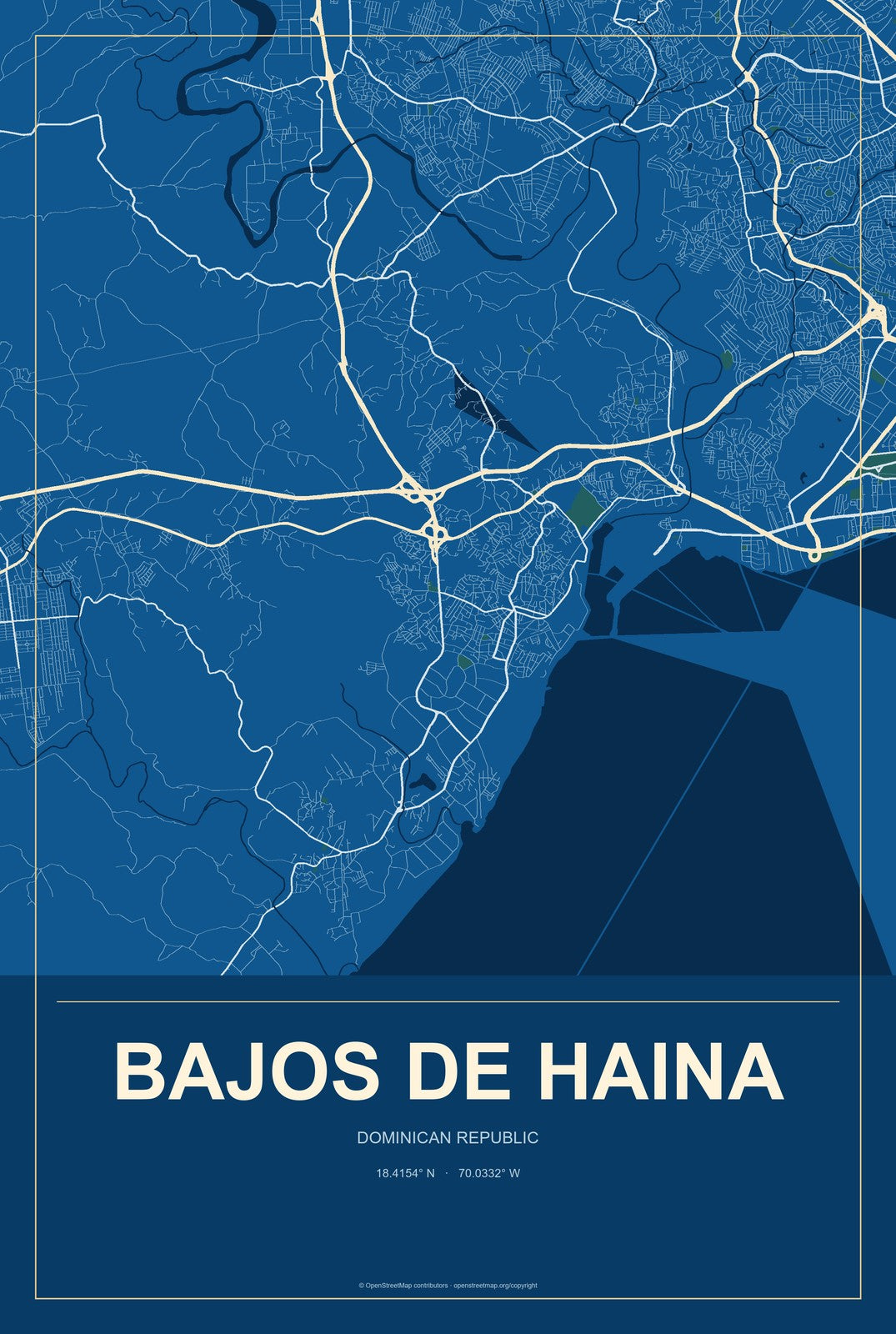 Bajos de Haina, Dominican Republic City Map Aluminum Sign in Harbor Cobalt style