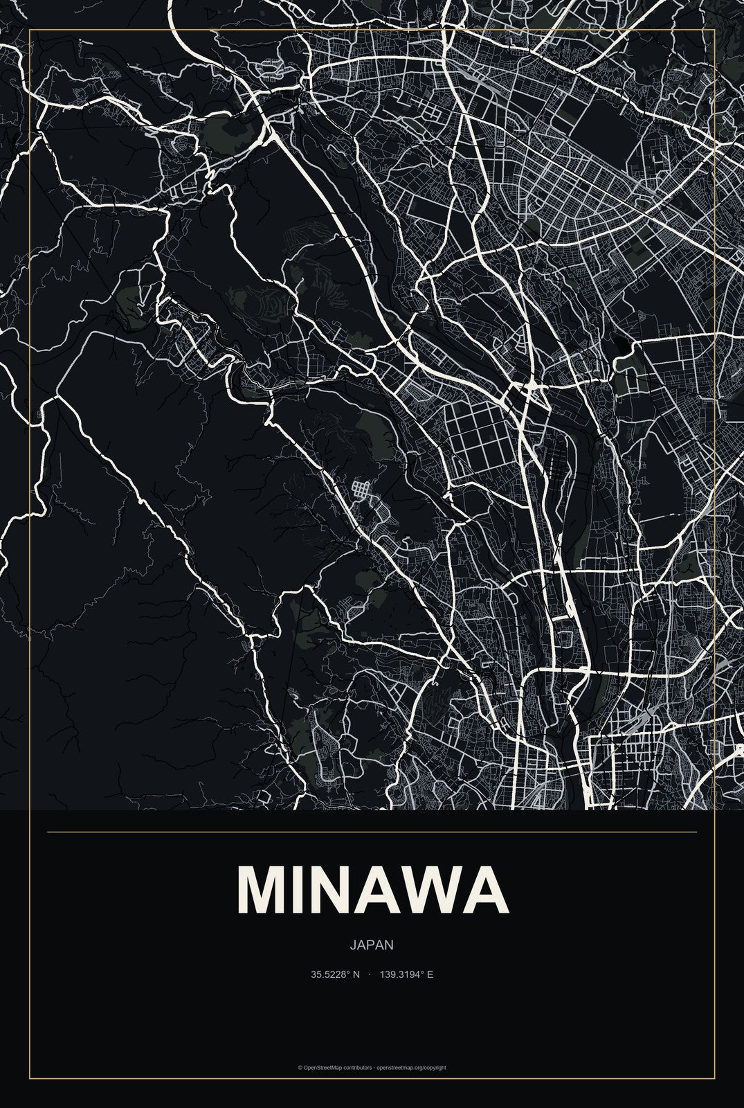 Minawa, Japan City Map Aluminum Sign in Metropolitan Noir style