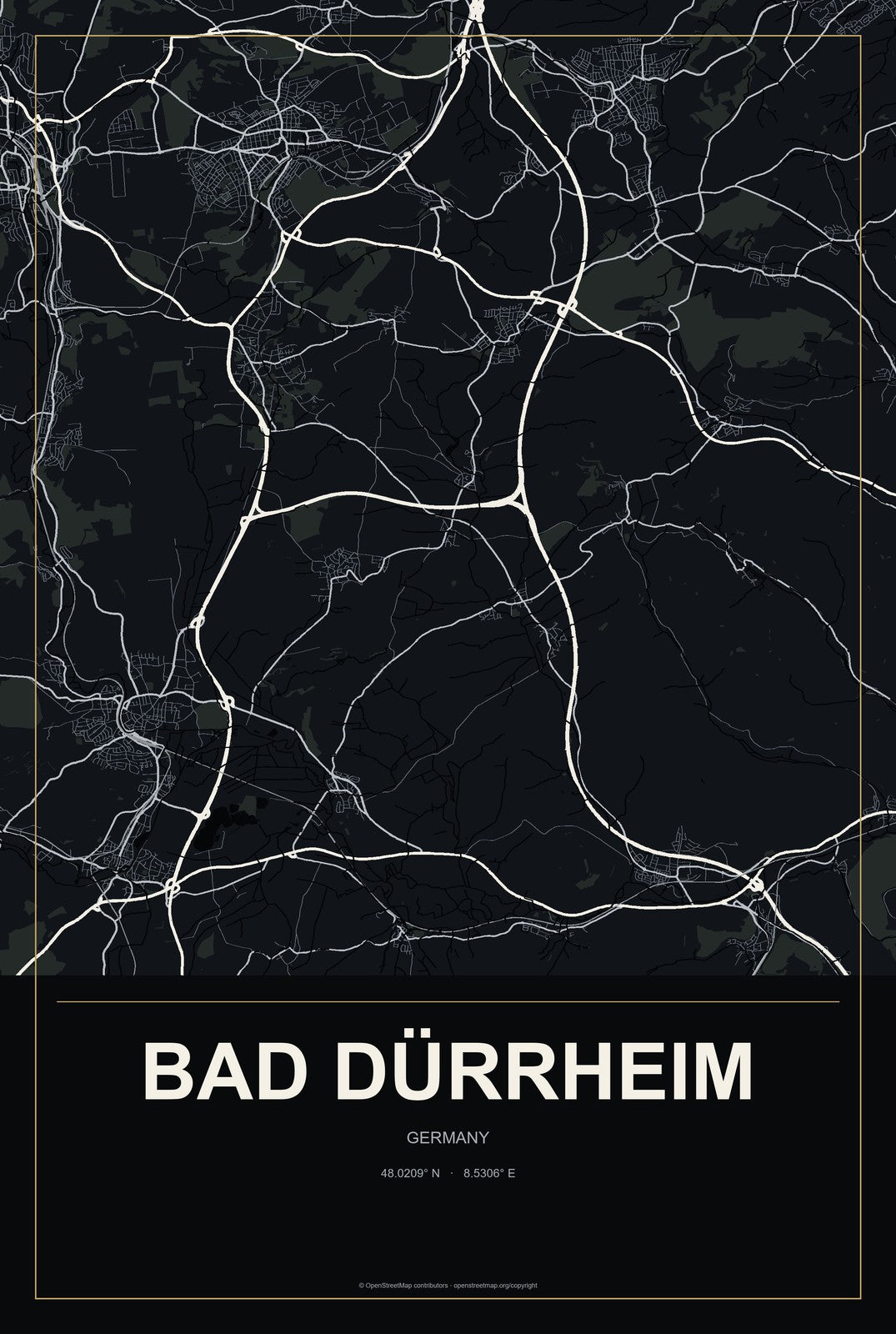 Bad Dürrheim, Germany City Map Aluminum Sign in Metropolitan Noir style