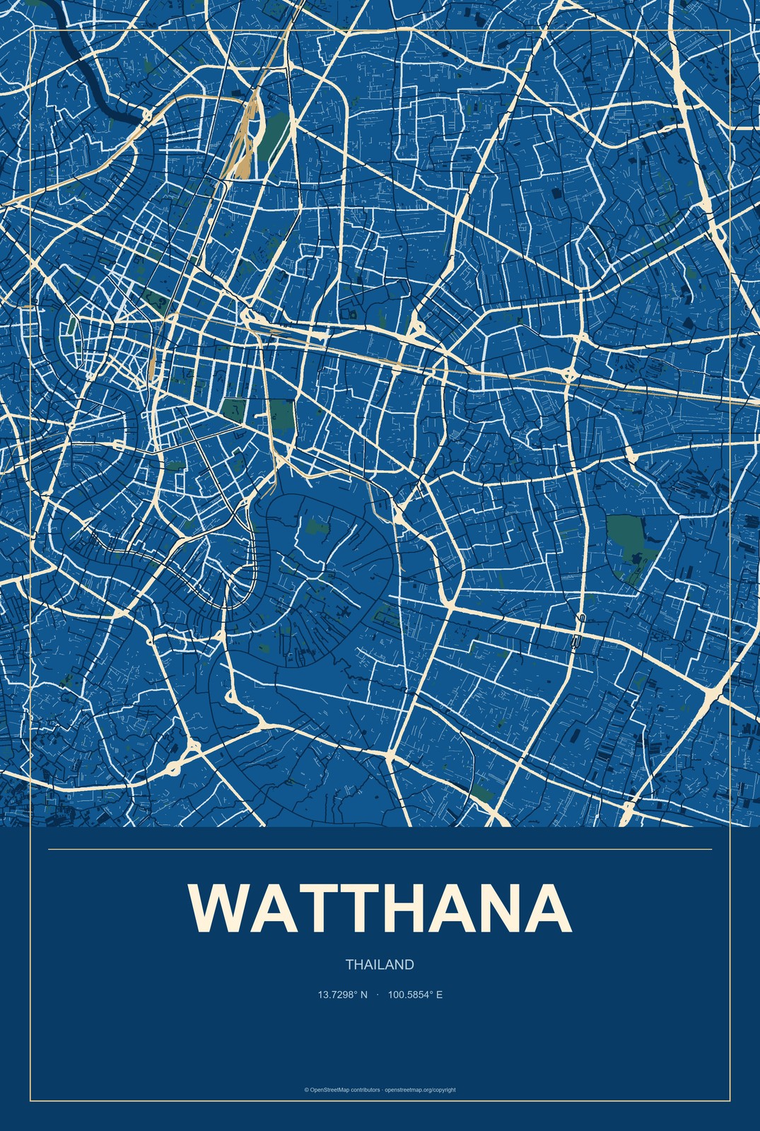 Watthana, Thailand City Map Aluminum Sign in Harbor Cobalt style