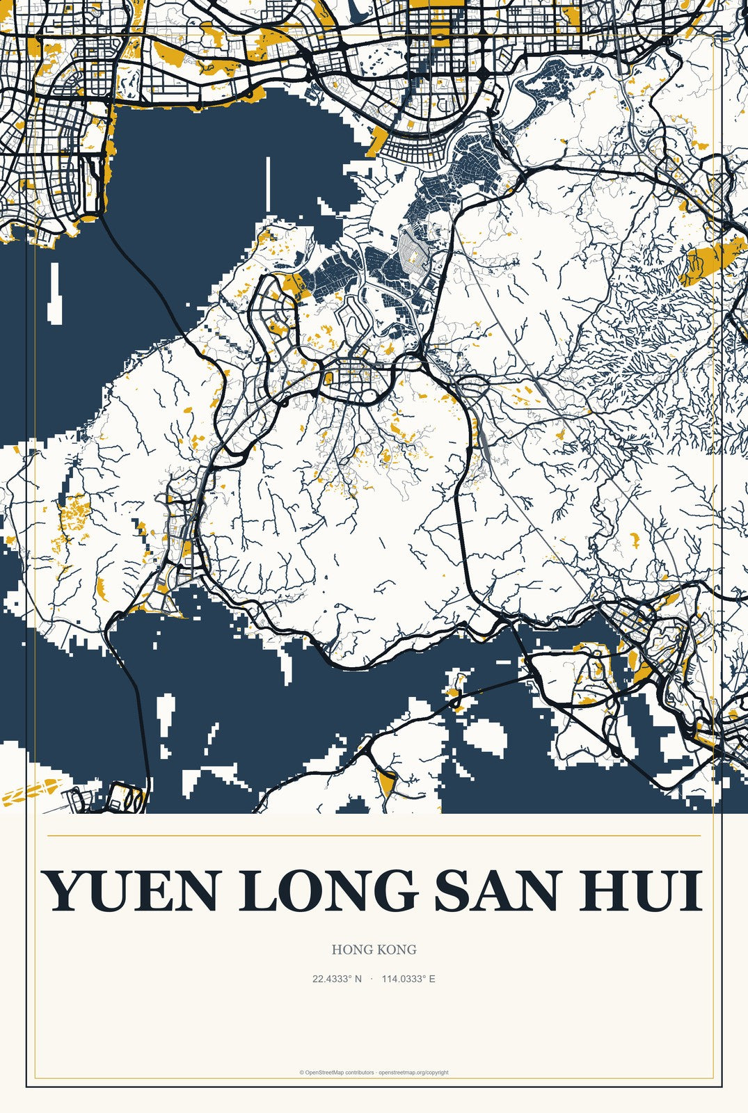 Yuen Long San Hui, Hong Kong City Map Aluminum Sign in Citrine Modern style