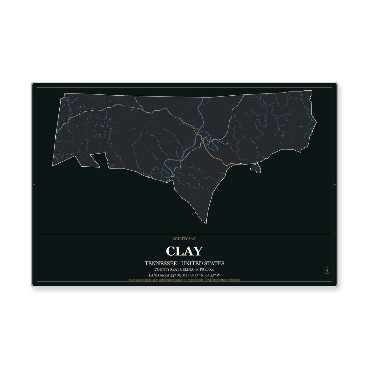 Clay County, Tennessee Map Aluminum Sign in Metropolitan Noir style