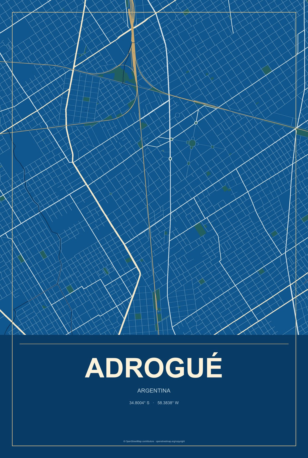 Adrogué, Argentina City Map Aluminum Sign in Harbor Cobalt style