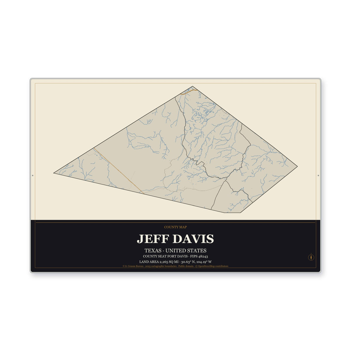 Jeff Davis County, Texas Map Aluminum Sign in Museum Plaque style