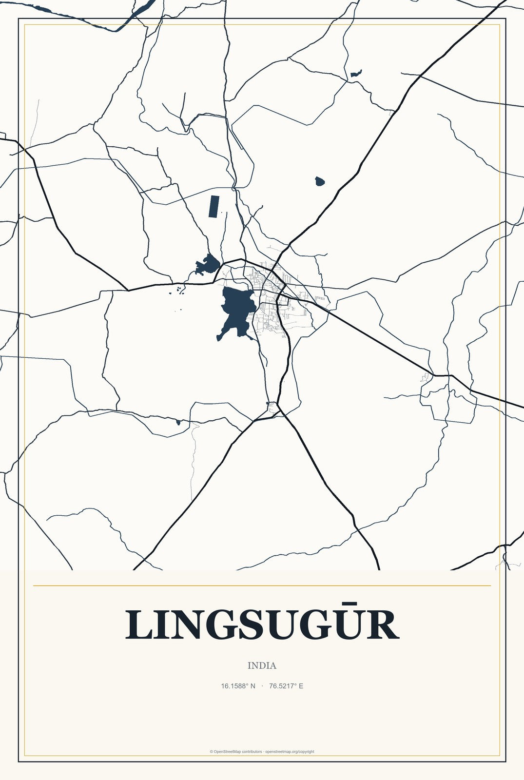 Lingsugūr, India City Map Aluminum Sign in Citrine Modern style