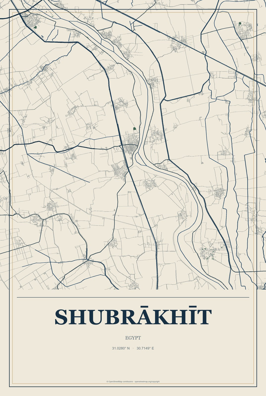 Shubrākhīt, Egypt City Map Aluminum Sign in Coastal Cutout style