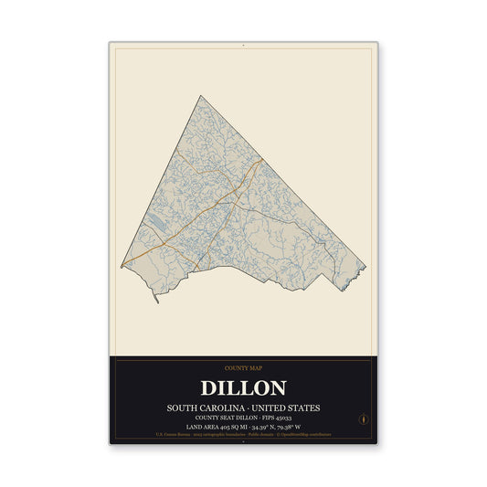 Dillon County, South Carolina Map Aluminum Sign in Museum Plaque style