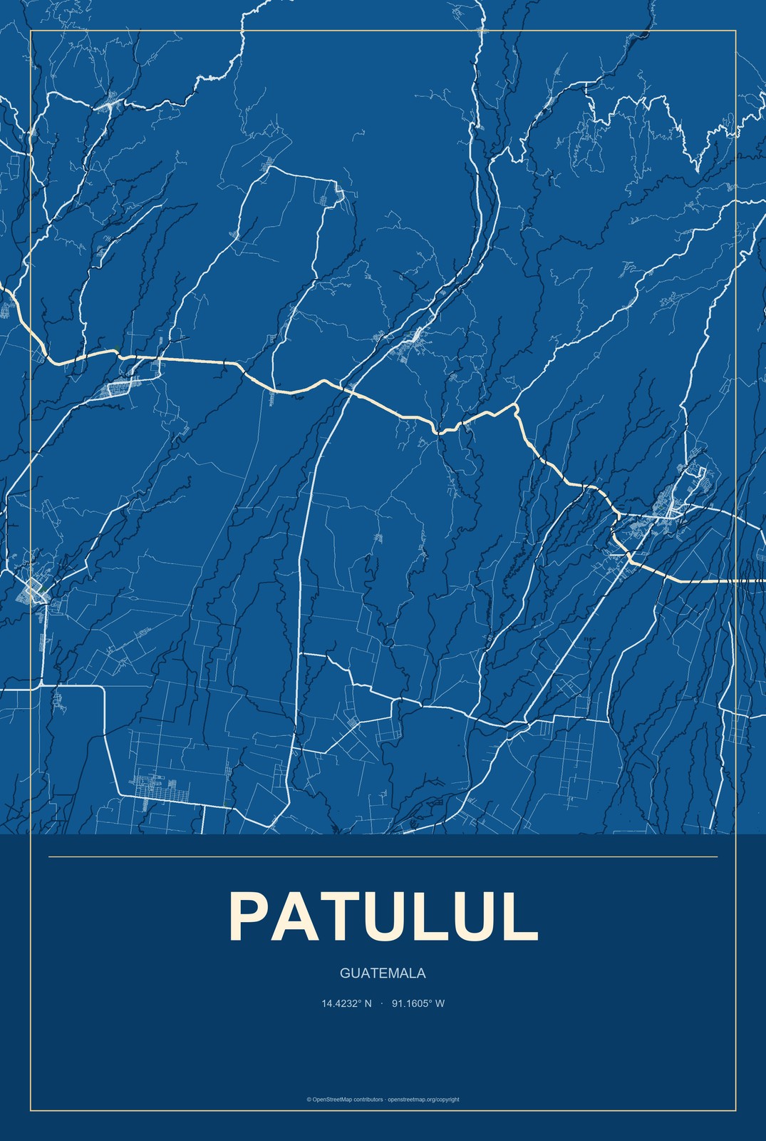 Patulul, Guatemala City Map Aluminum Sign in Harbor Cobalt style