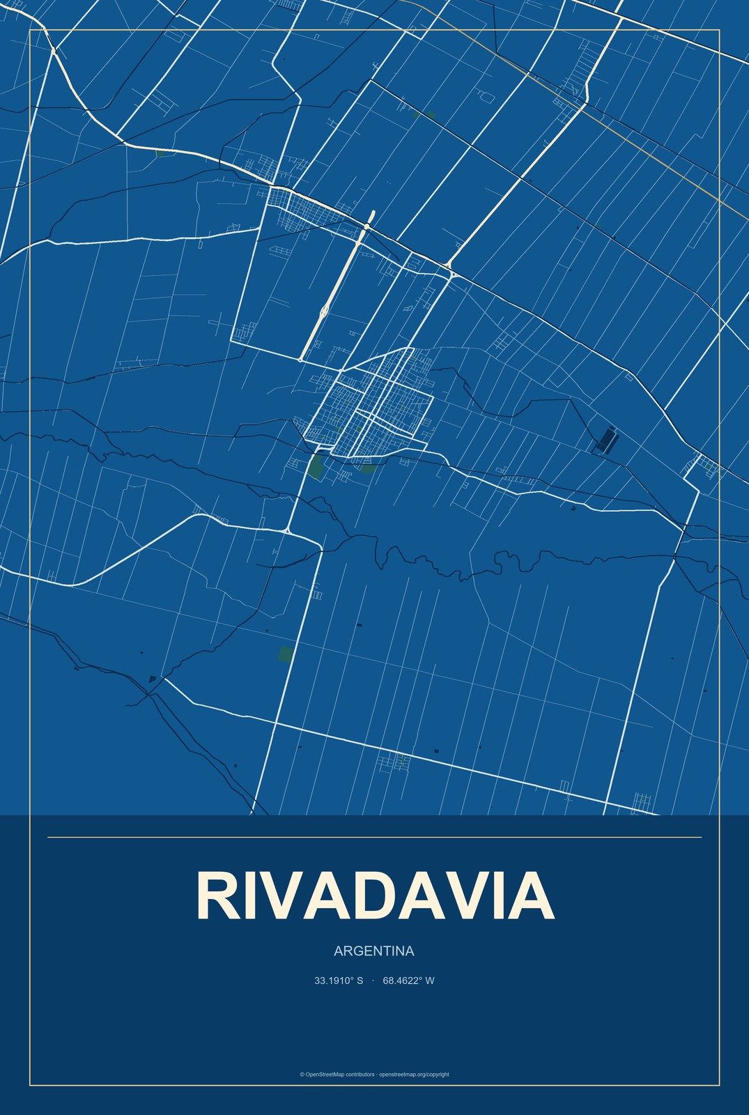 Rivadavia, Argentina City Map Aluminum Sign in Harbor Cobalt style