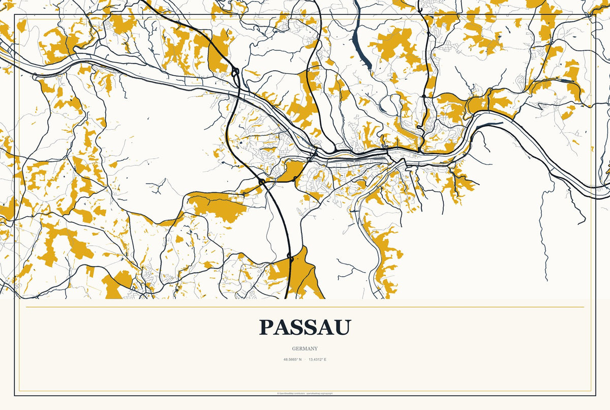 Passau, Germany City Map Aluminum Sign in Citrine Modern style