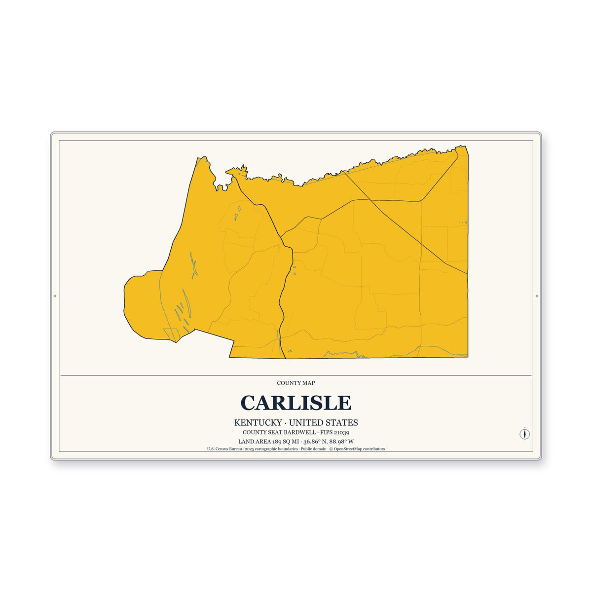 Carlisle County, Kentucky Map Aluminum Sign in Citrine Modern style