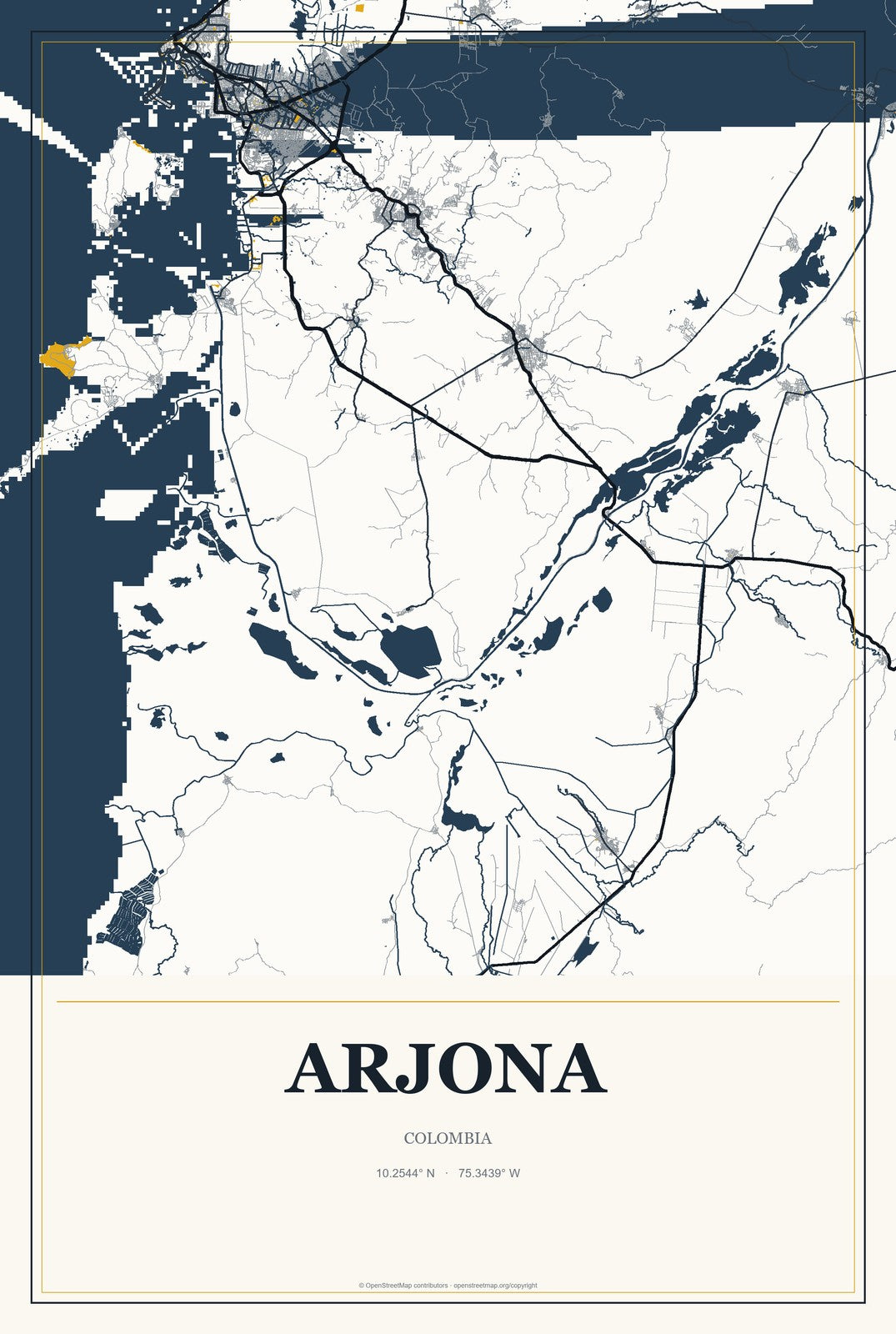 Arjona, Colombia City Map Aluminum Sign in Citrine Modern style